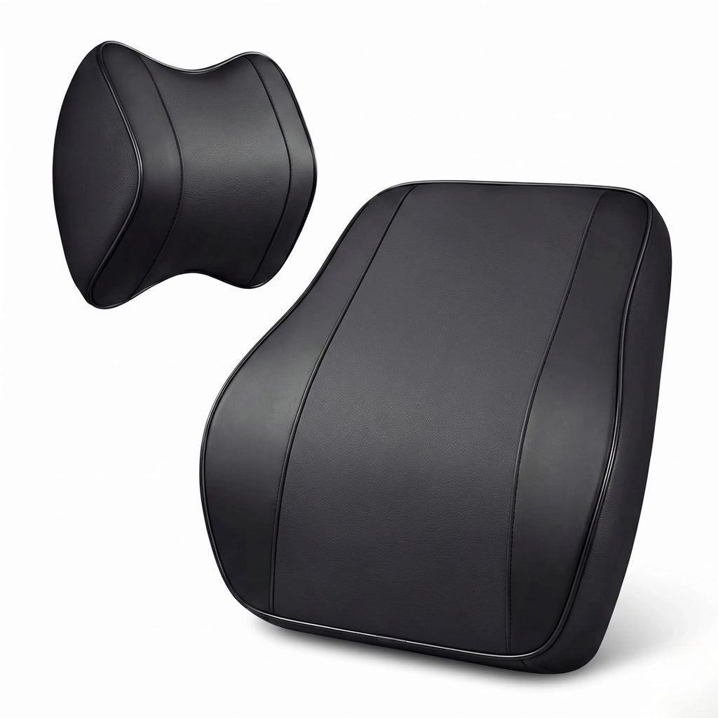 Black memory foam neck headrest and lumbar support pillow set on a white background.