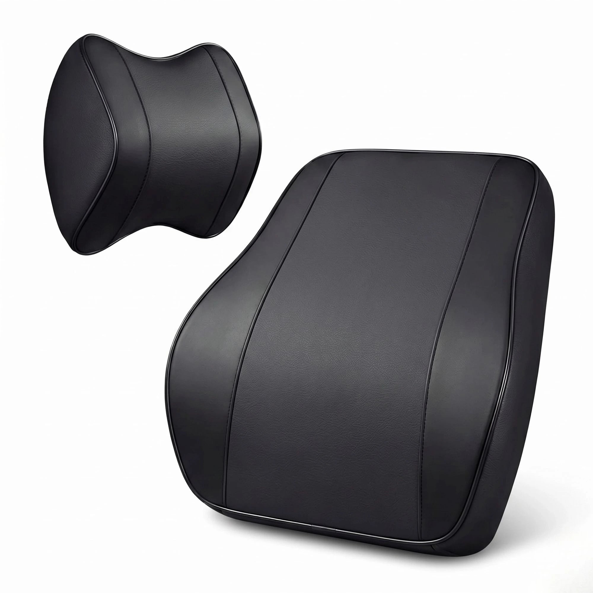 Black memory foam neck headrest and lumbar support pillow set on a white background.