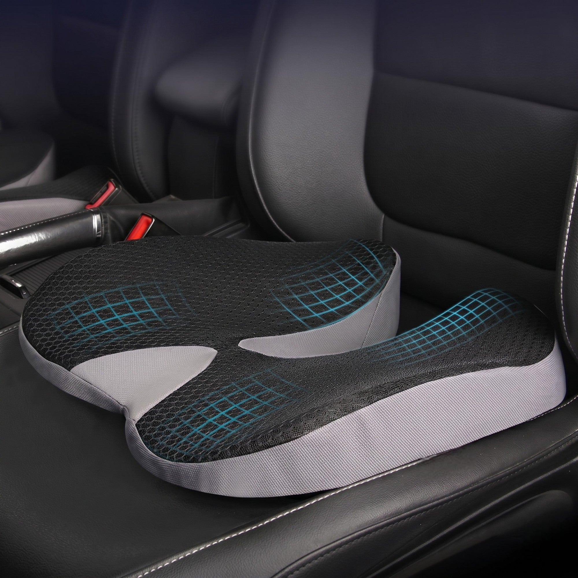 Technical graphic with a blue pressure grid overlay demonstrating the even weight distribution of the memory foam car seat cushion.