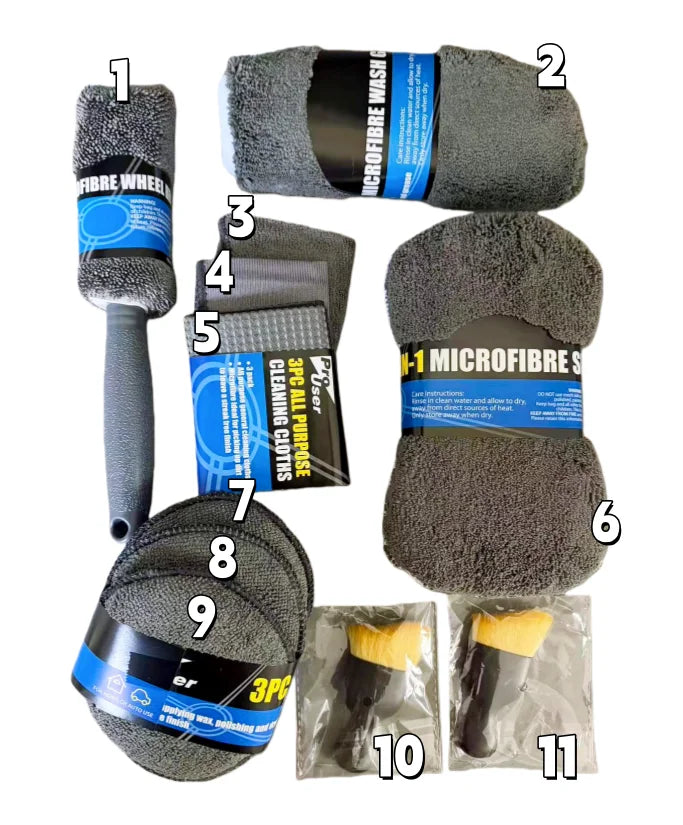Numbered breakdown of the 11-piece auto cleaning kit detailing the specific microfibre towels, applicator pads, and cleaning brushes included.