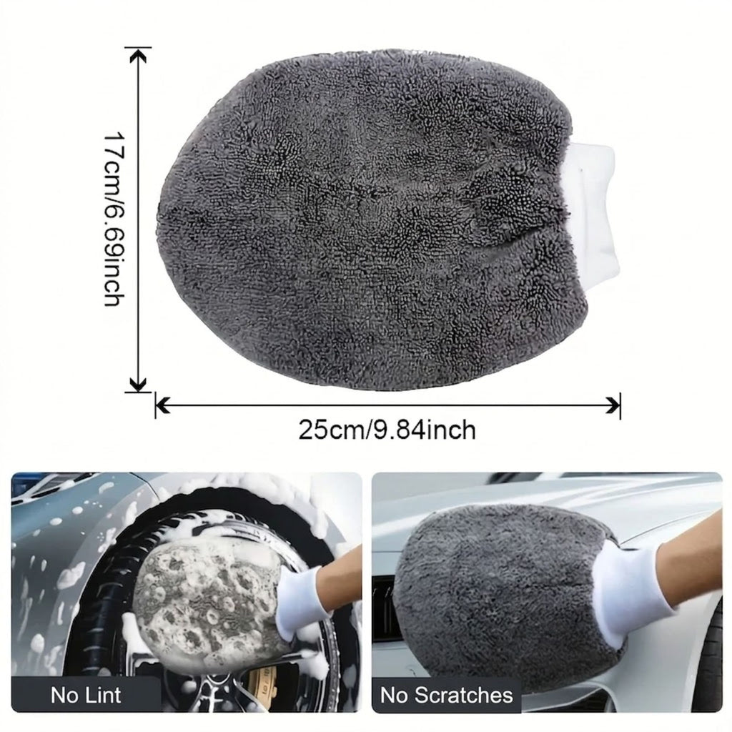 Diagram of the microfibre car wash mitt displaying dimensions of 25cm in length and 17cm in width, alongside examples of use on vehicle body panels.