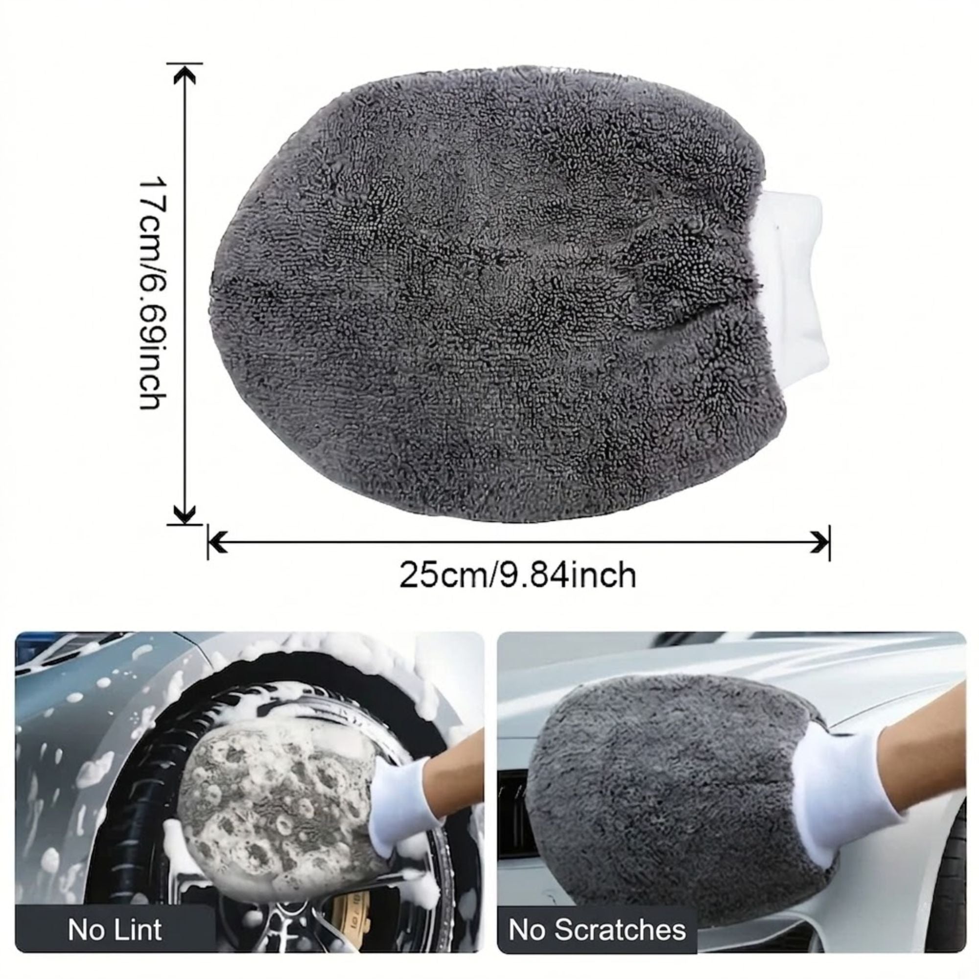 Diagram of the microfibre car wash mitt displaying dimensions of 25cm in length and 17cm in width, alongside examples of use on vehicle body panels.