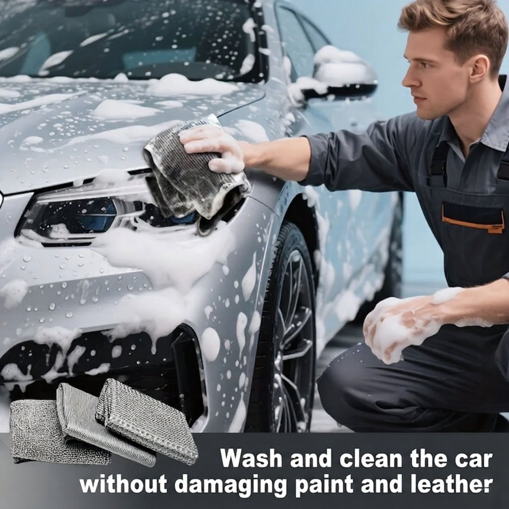 Person washing the exterior paintwork and headlights of a vehicle using the kit's microfibre wash sponge and soapy water.