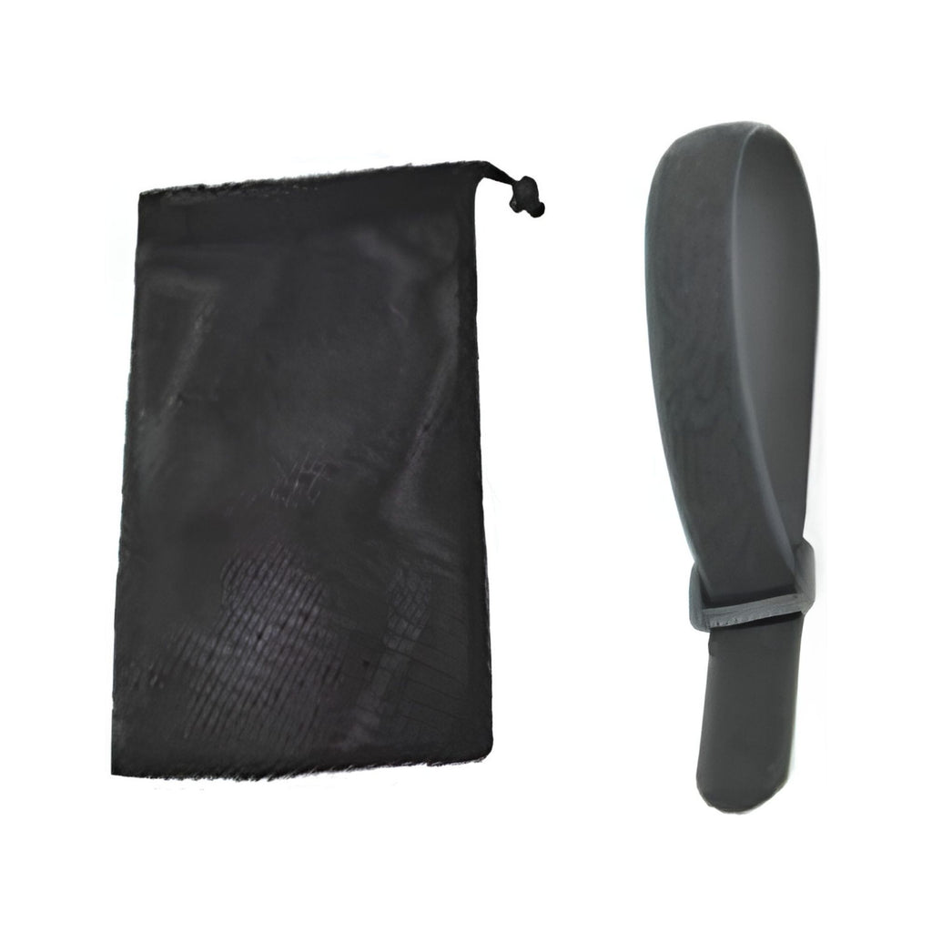 Motorcycle Ratchet Lift Stand carry pouch and rubber grip handle laid out on a white background