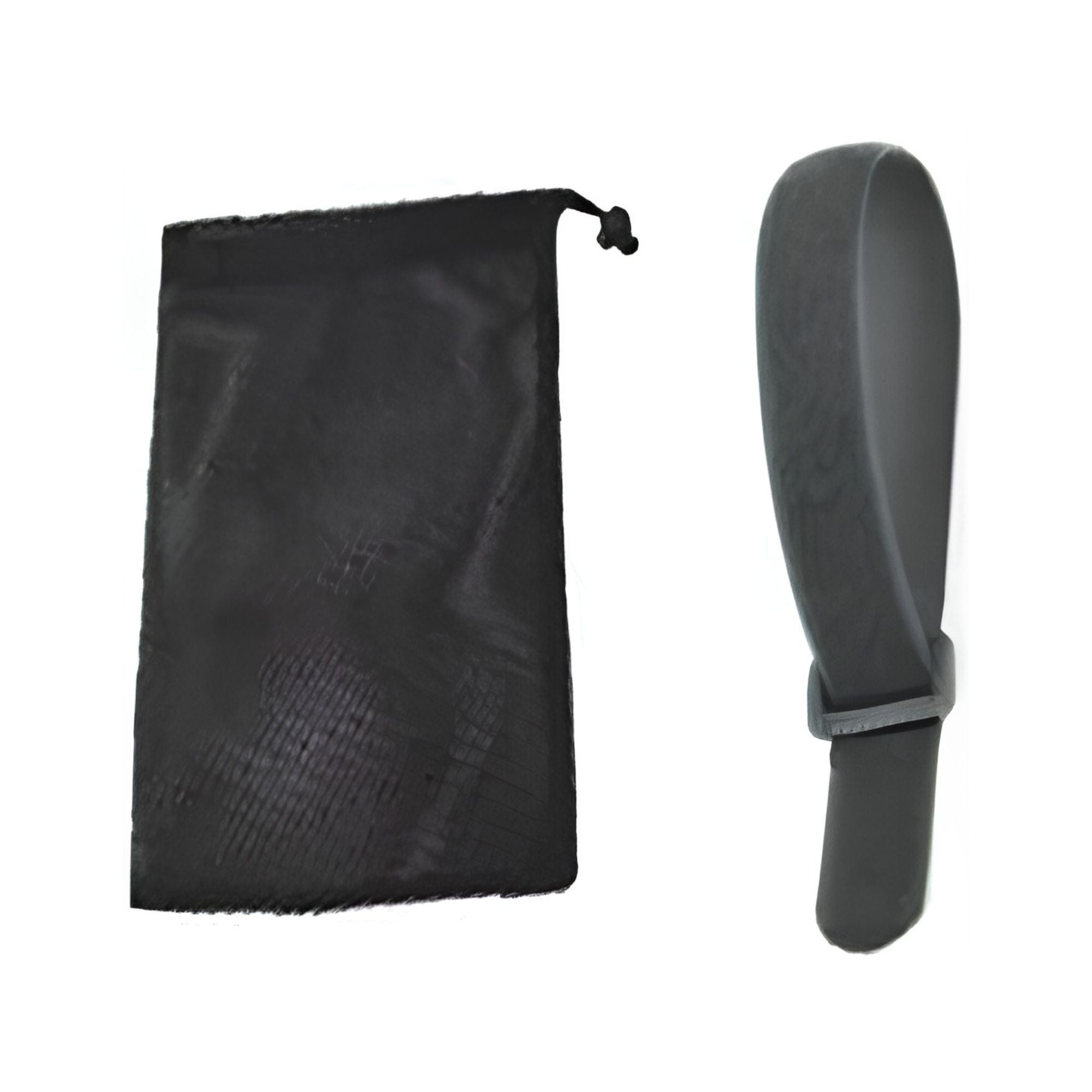 Motorcycle Ratchet Lift Stand carry pouch and rubber grip handle laid out on a white background