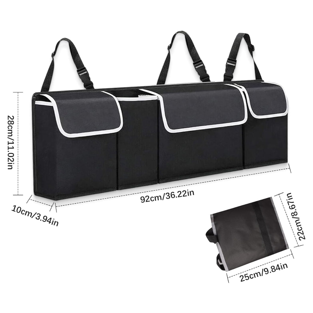 Dimensions diagram of the multi-compartment car boot organiser, detailing its extended length, height, and folded storage size specifications.