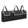 Black multi-compartment car boot organiser and hanging backseat storage bag featuring three adjustable headrest straps and four storage pockets on a white background.