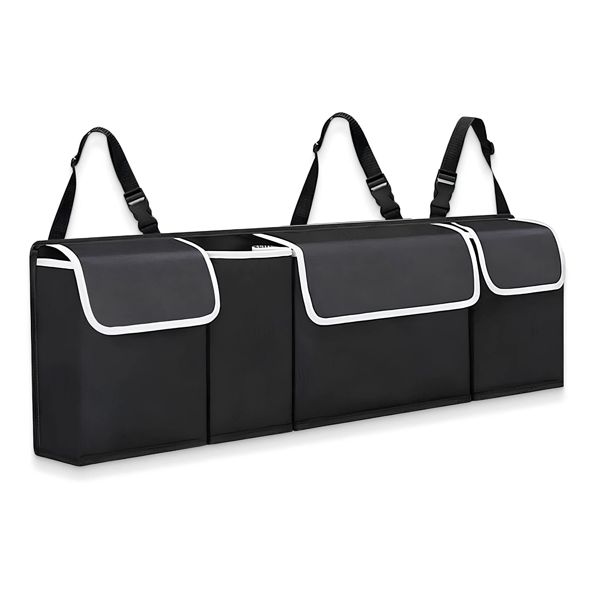 Black multi-compartment car boot organiser and hanging backseat storage bag featuring three adjustable headrest straps and four storage pockets on a white background.