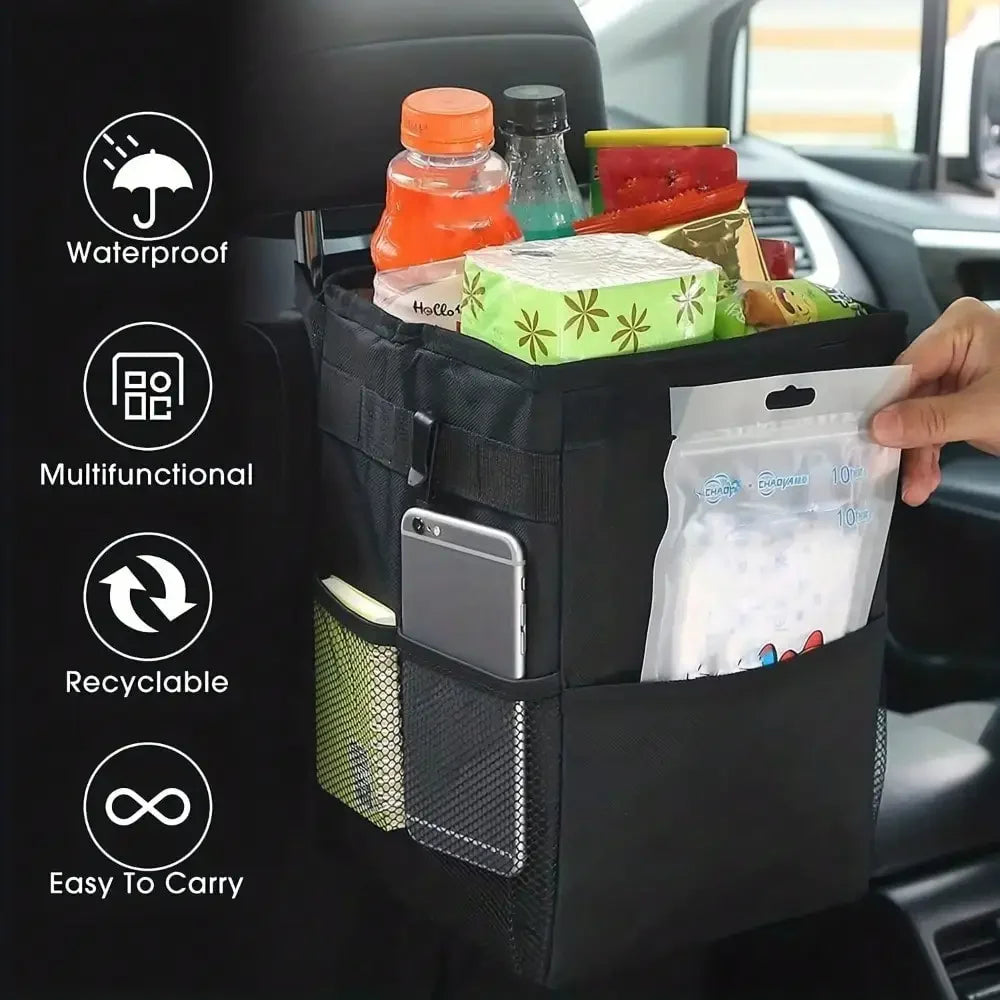 Car storage organiser in use with beverages, a mobile phone, and tissues stored in the external mesh and front fabric pockets.