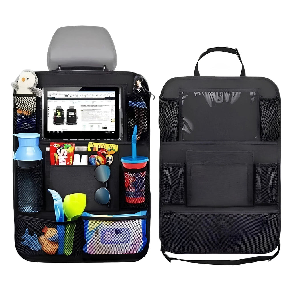 Black multi-pocket car backseat organiser displayed both empty and fully loaded with a tablet, drinks, and travel accessories against a white background.