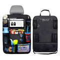 Black multi-pocket car backseat organiser displayed both empty and fully loaded with a tablet, drinks, and travel accessories against a white background.