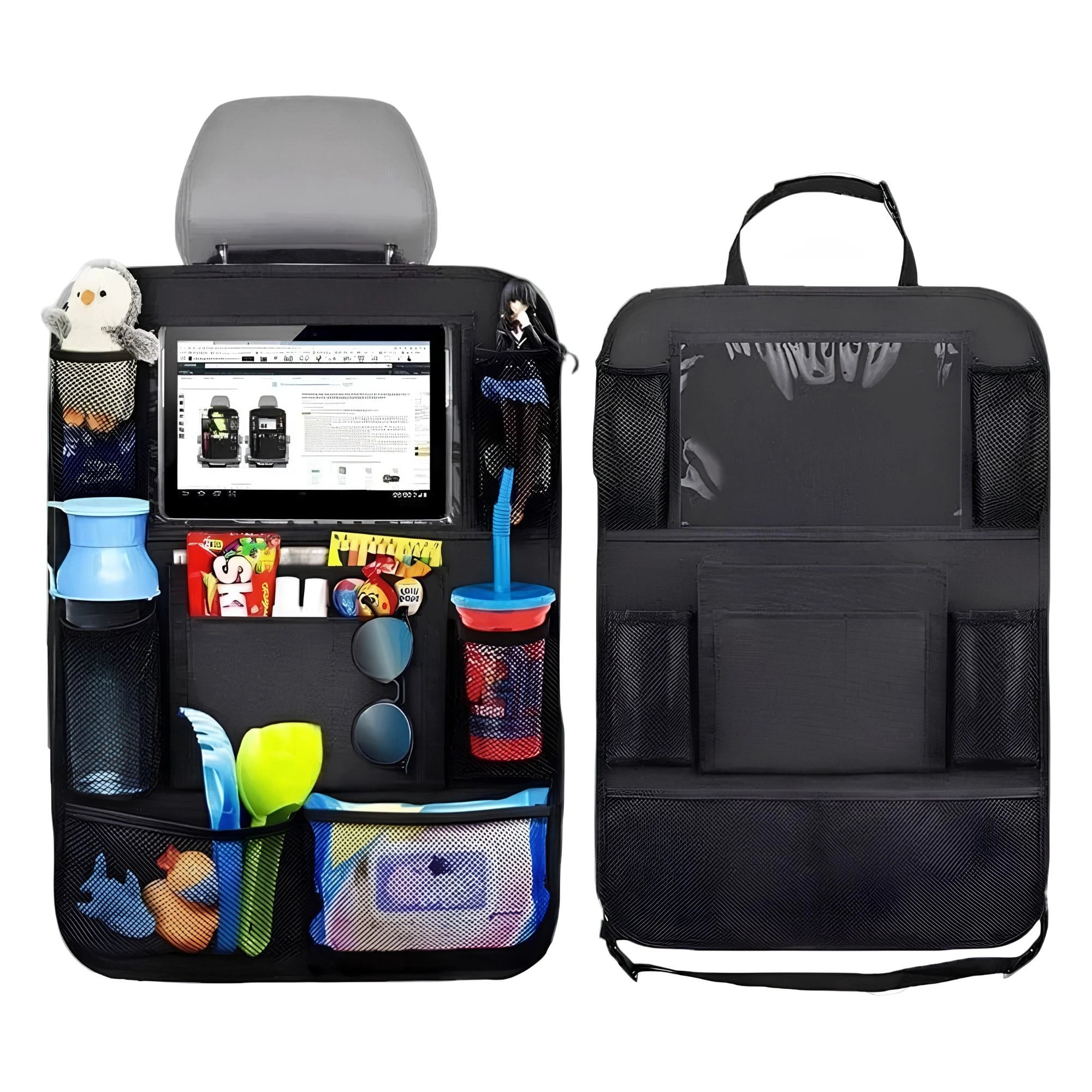 Black multi-pocket car backseat organiser displayed both empty and fully loaded with a tablet, drinks, and travel accessories against a white background.