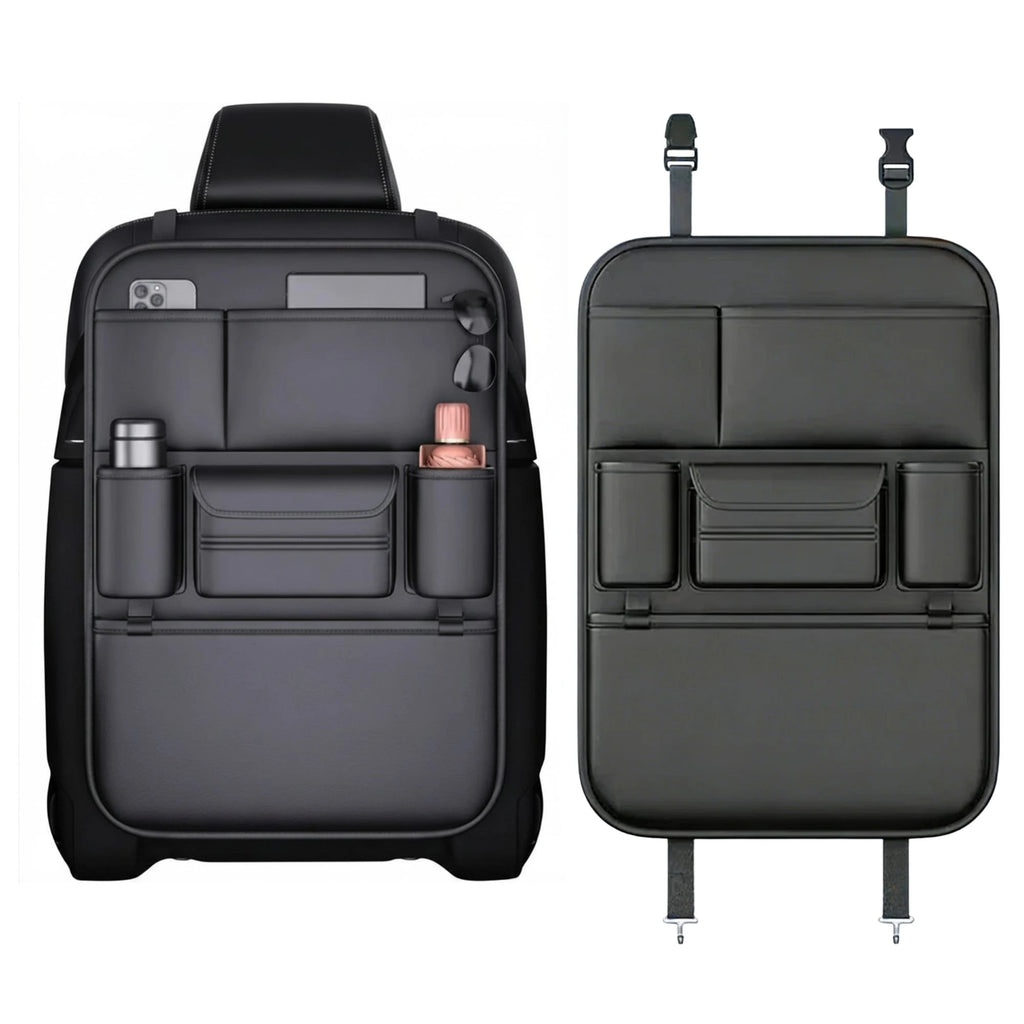 Black leather car backseat organiser with multiple storage pockets, tablet holder and anti-kick pad design
