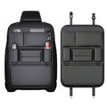 Black leather car backseat organiser with multiple storage pockets, tablet holder and anti-kick pad design