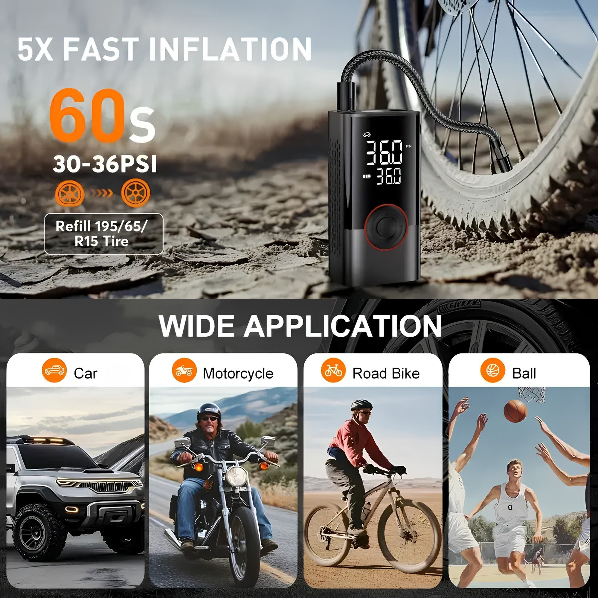 Visual grid demonstrating the preset inflation modes of the air compressor, showing applications for cars, motorcycles, bicycles, and sporting equipment.