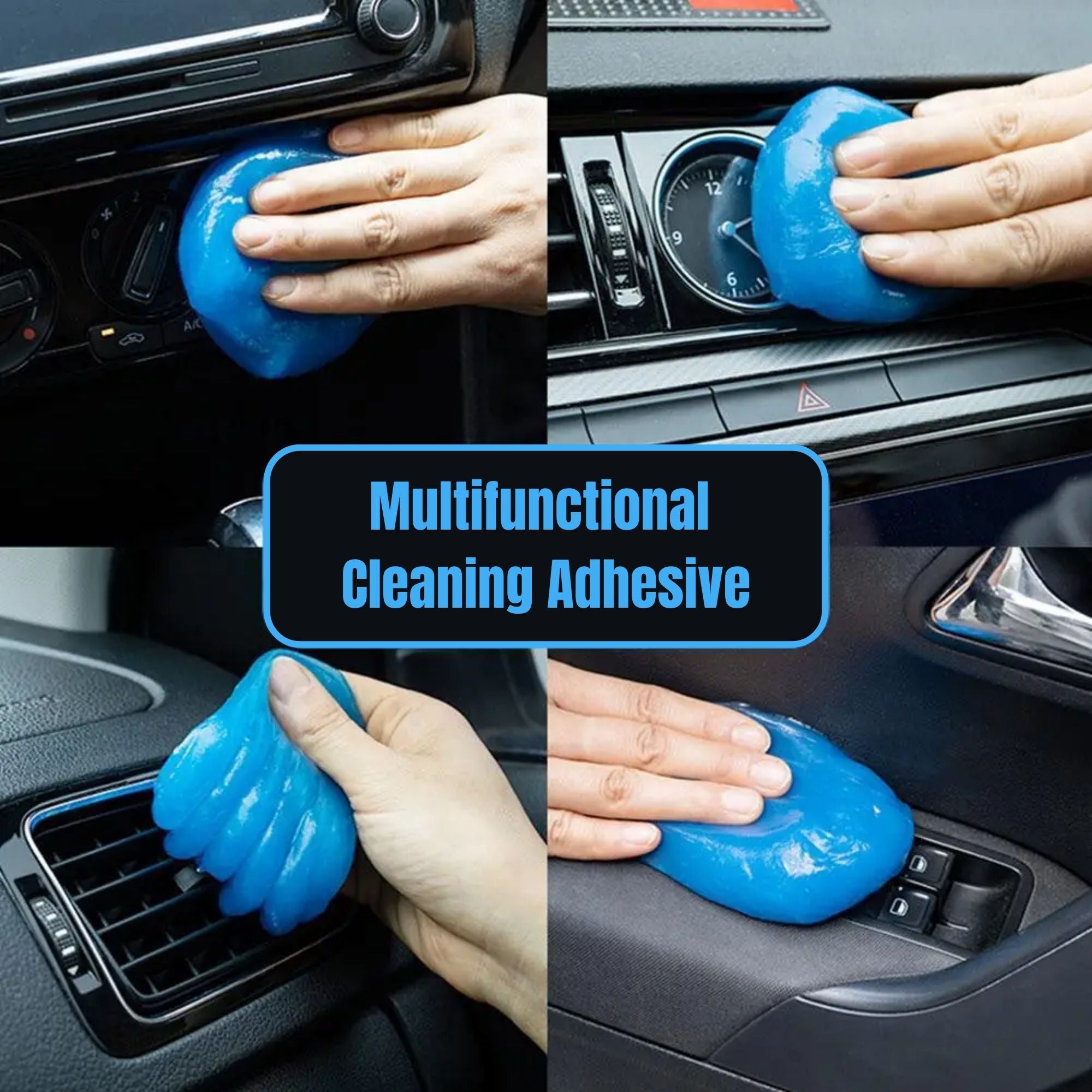 Action collage illustrating the multifunctional cleaning adhesive putty being utilised on various vehicle interior surfaces, including radio dials and climate control buttons.