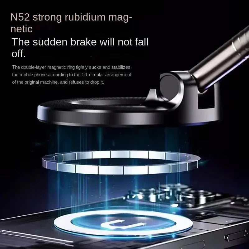 Exploded view diagram showing the 16 N52 rubidium magnets integrated into the car phone mount for device stability.