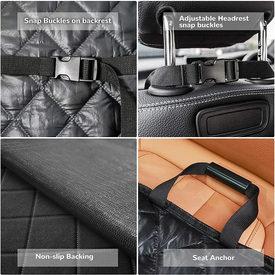Close-up details of the dog car seat cover showing adjustable headrest straps, quick-release buckles, and the rubber non-slip backing.