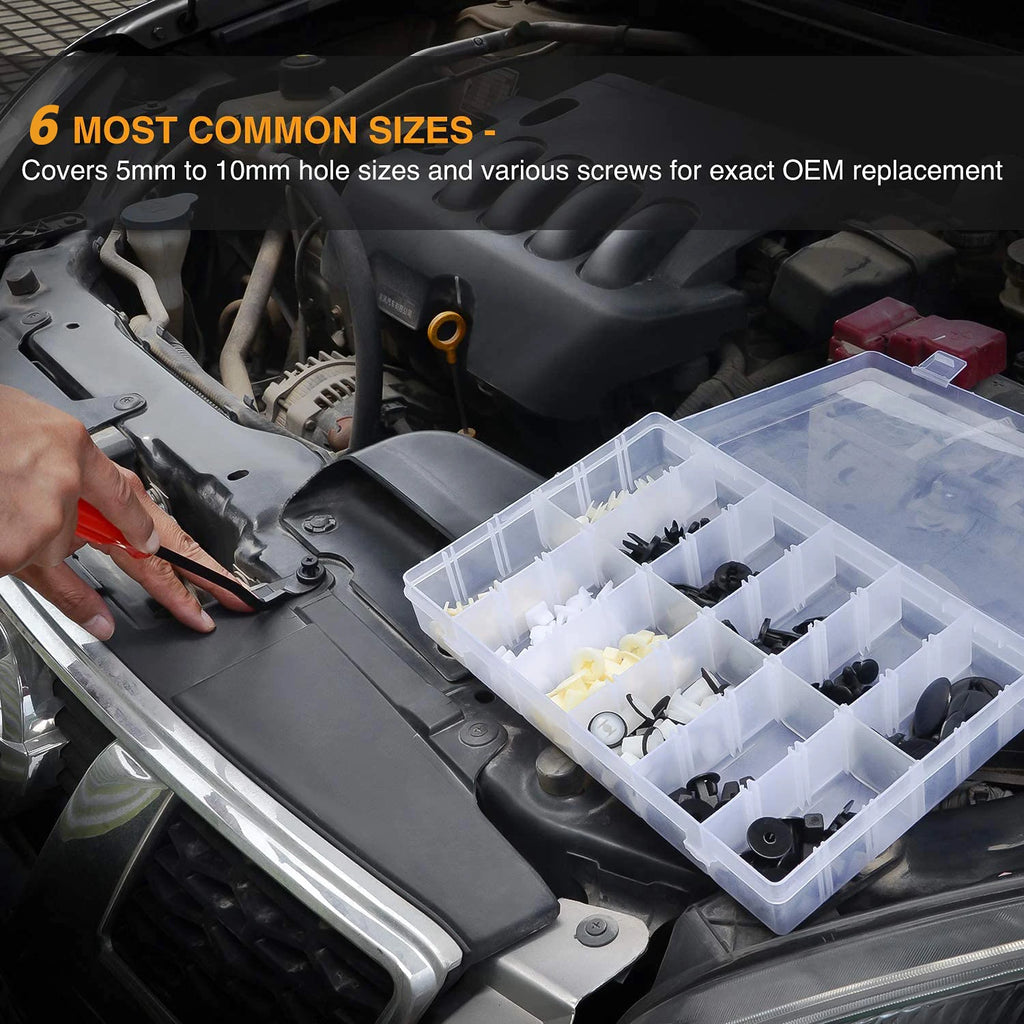 Person using a push retainer clip from an organised storage box to secure a vehicle's engine bay trim.