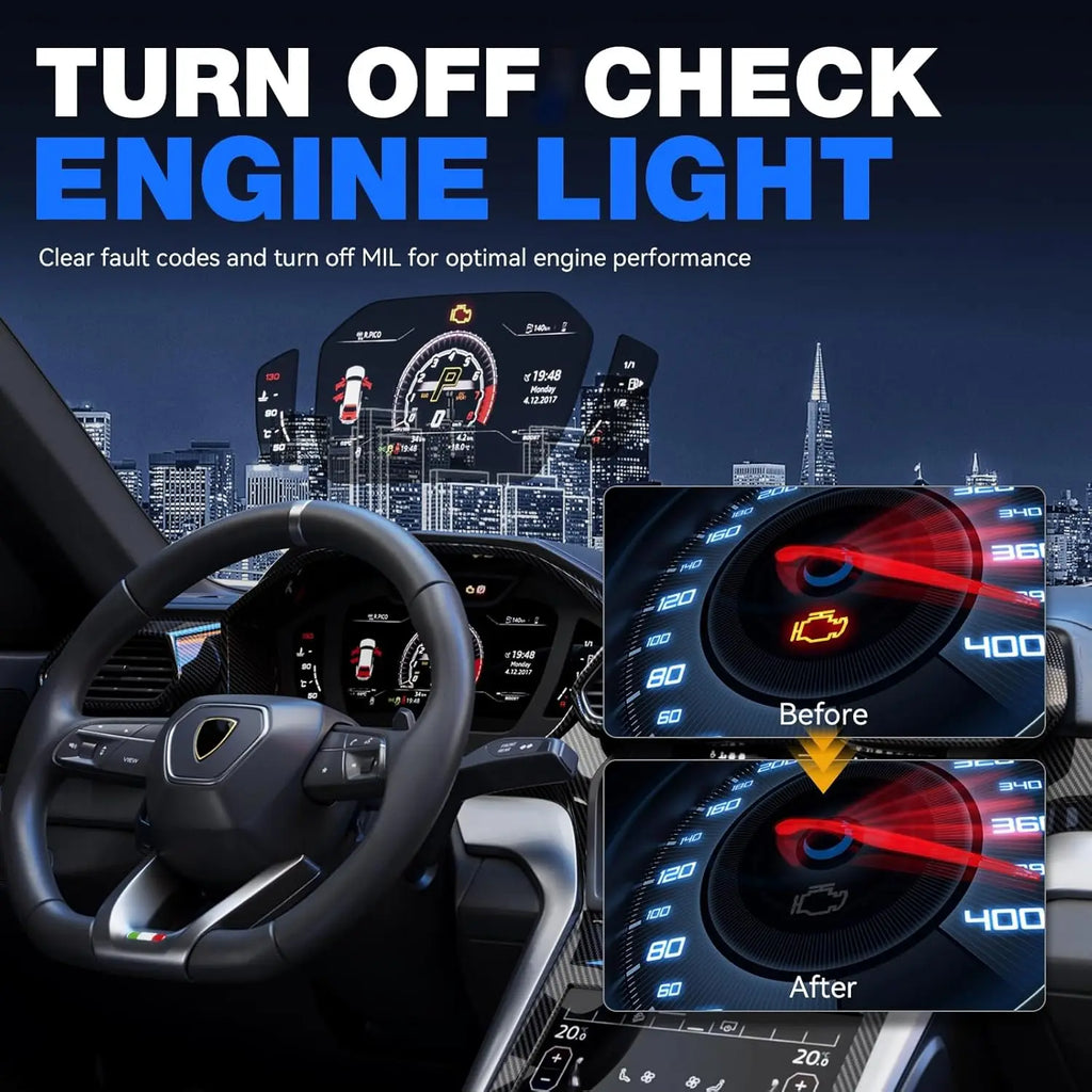 OBD2 car diagnostic scanner displaying the dashboard interface before and after clearing an engine management system fault code.