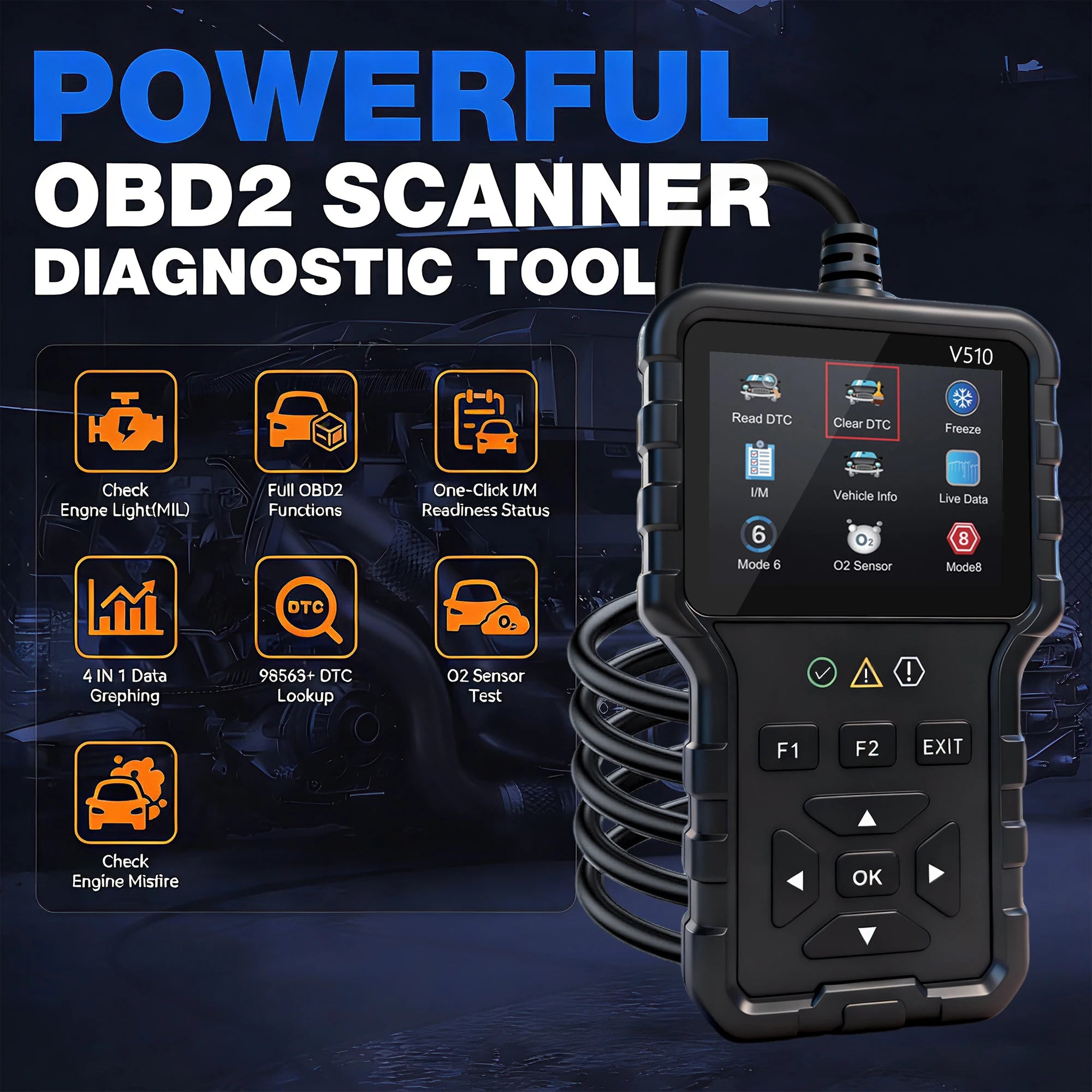 Digital interface of the OBD2 car diagnostic scanner showing menu options for reading codes, erasing codes, viewing live data, and accessing vehicle information.