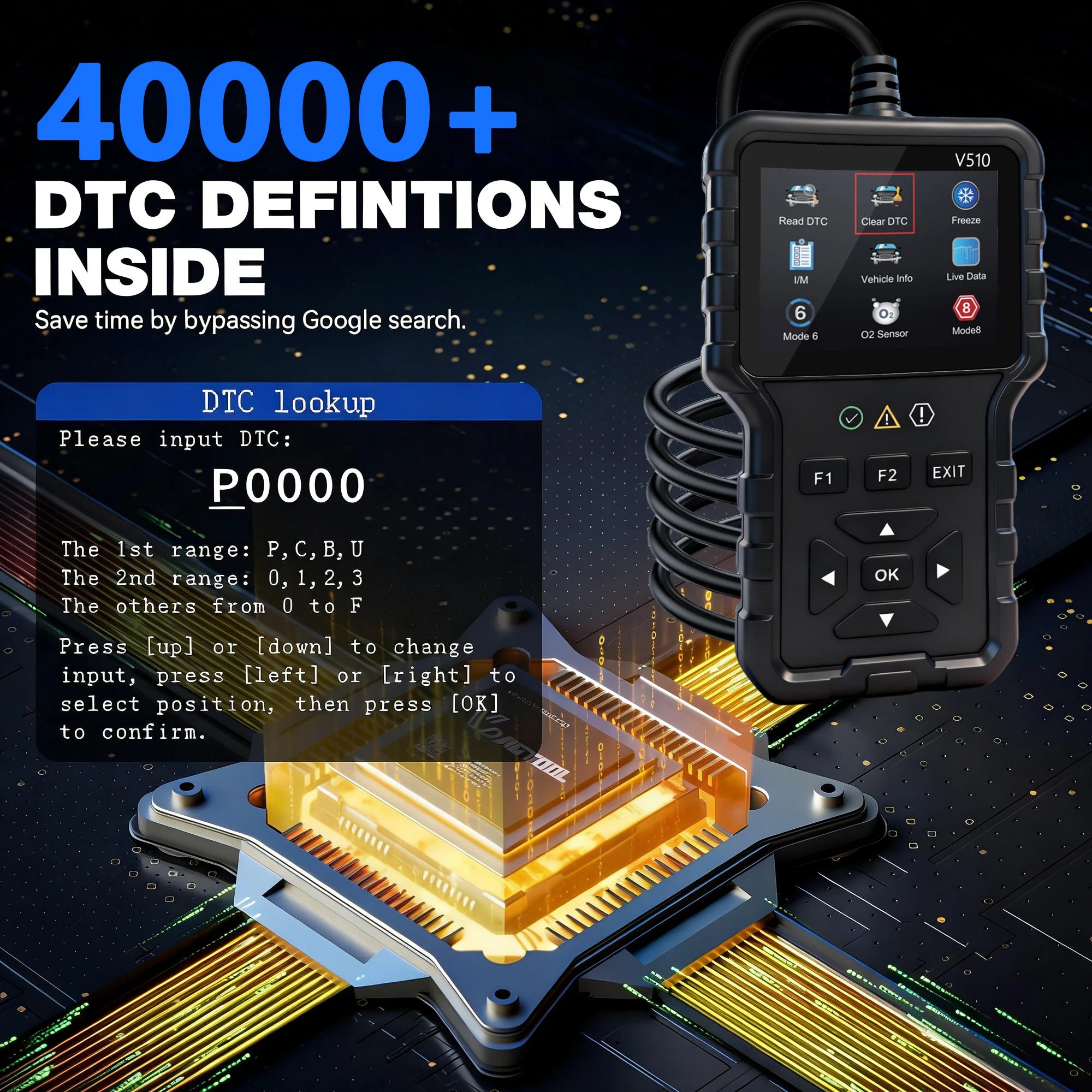 Interface of the OBD2 car diagnostic scanner demonstrating the built-in diagnostic trouble code lookup library with over 40,000 definitions.