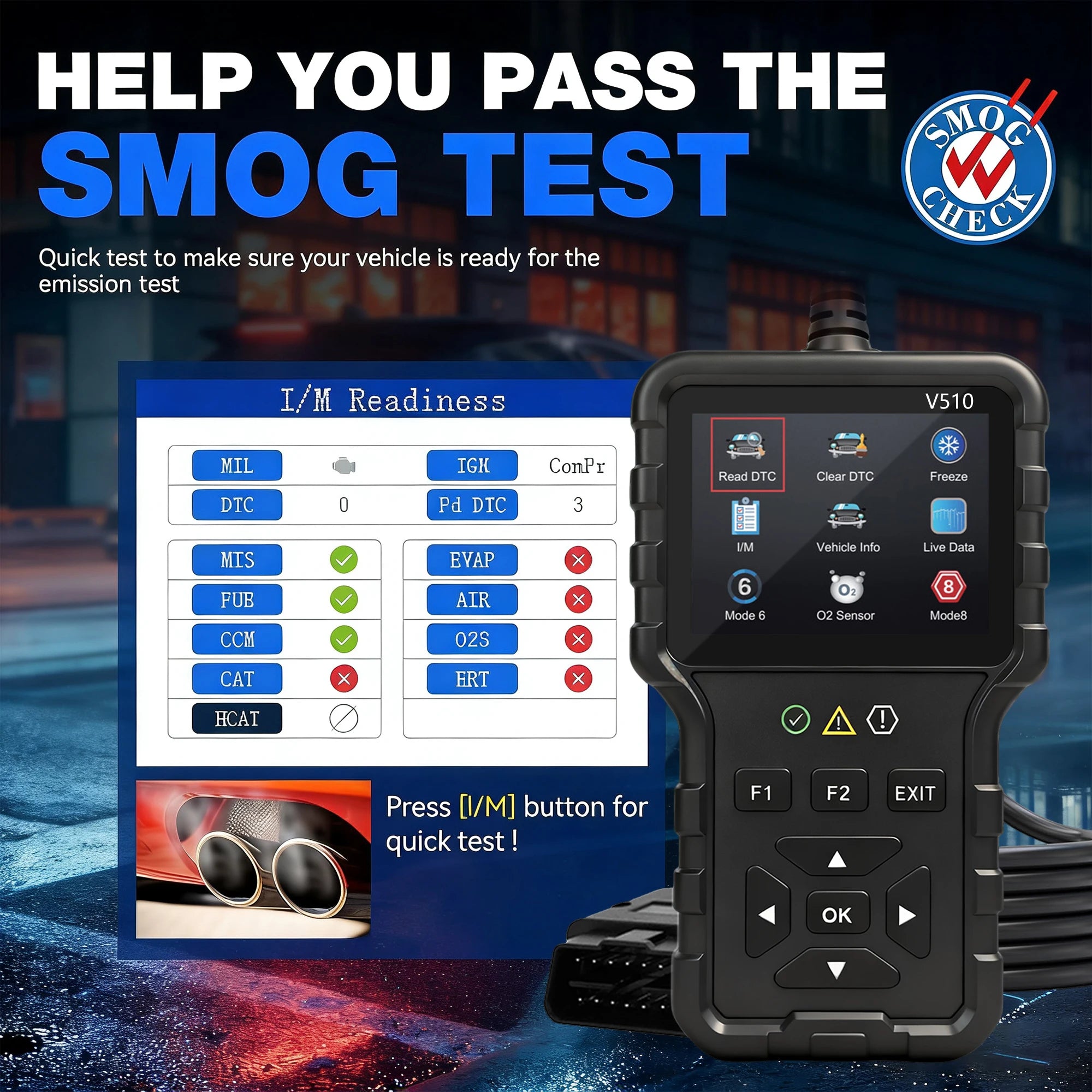 OBD2 car diagnostic scanner screen displaying the I/M readiness function for verifying vehicle emission system monitor status.
