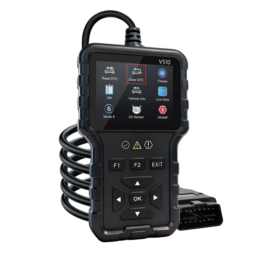 V510 OBD2 car diagnostic scanner and engine fault code reader displaying its color screen, button interface, and 16-pin data link connector cable on a white background.