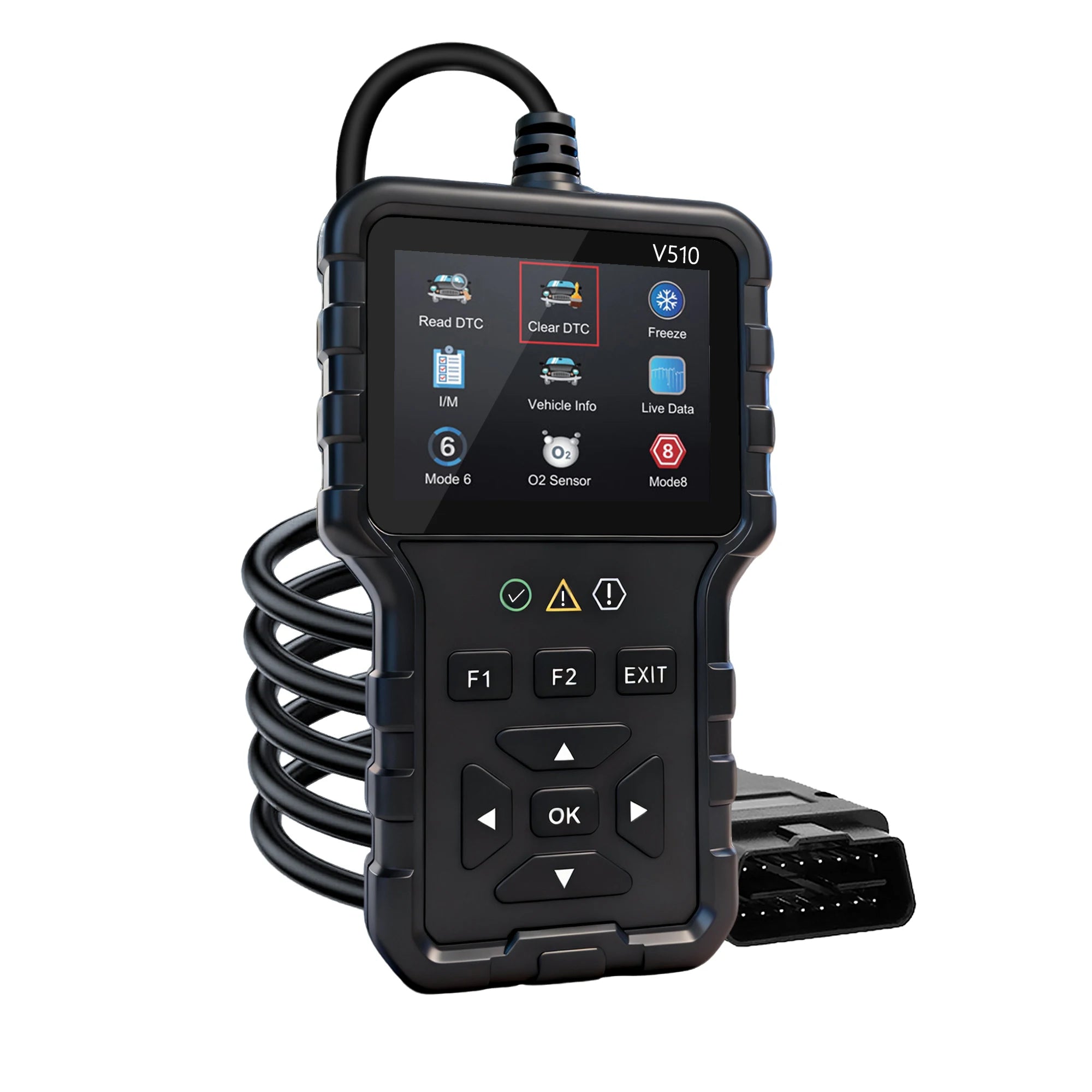V510 OBD2 car diagnostic scanner and engine fault code reader displaying its color screen, button interface, and 16-pin data link connector cable on a white background.