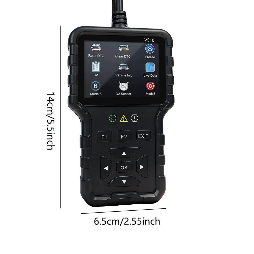 Dimensions of the OBD2 car diagnostic scanner measuring 14 centimetres in height and 6.5 centimetres in width.
