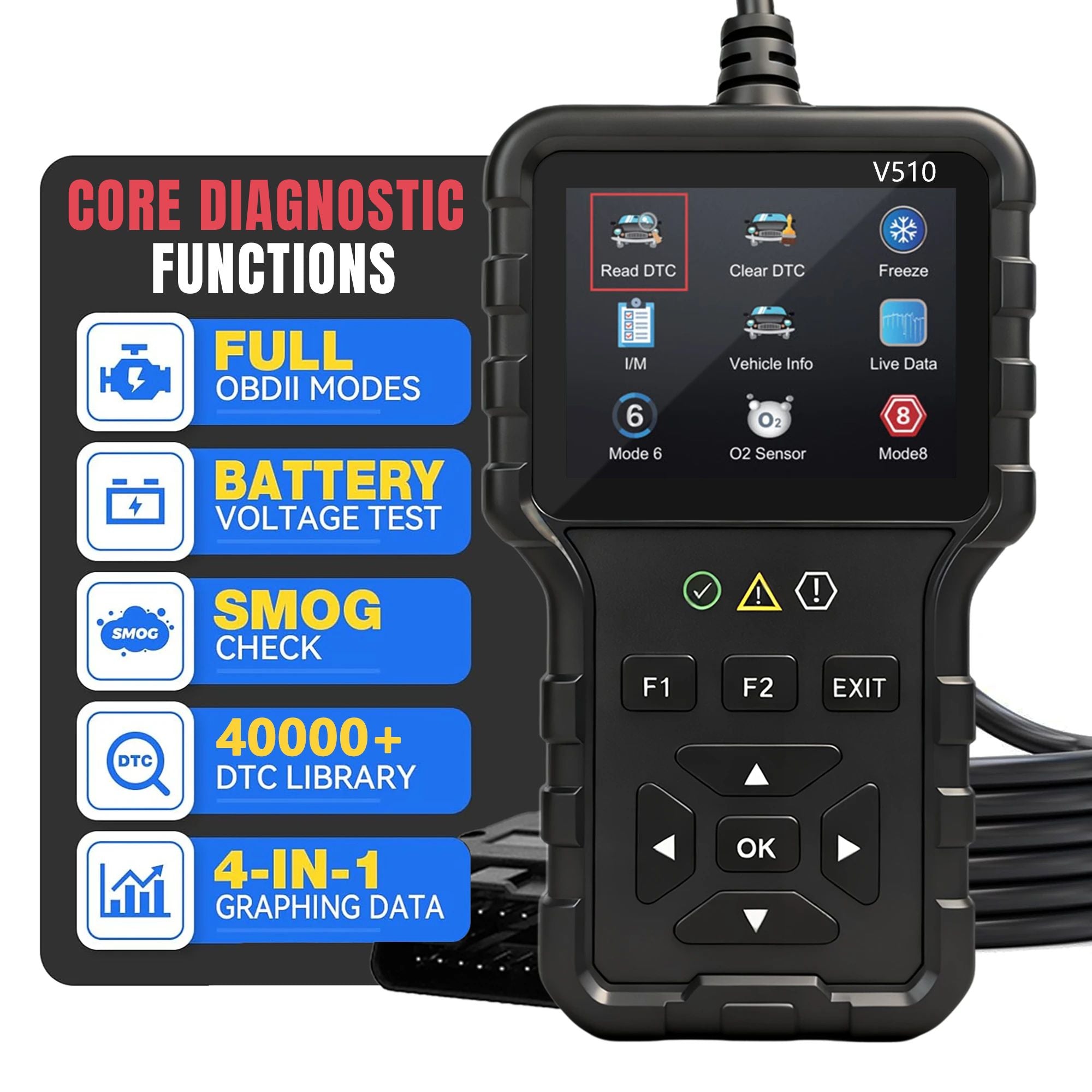 Feature overview of the OBD2 car diagnostic scanner detailing full OBD2 modes, battery voltage testing, I/M readiness checking, and graphing data capabilities.