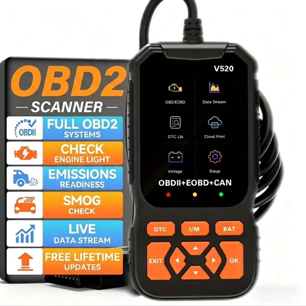 Advanced OBD2 Scanner feature list showing full OBD2 systems, check engine light, emissions readiness and live data stream functions