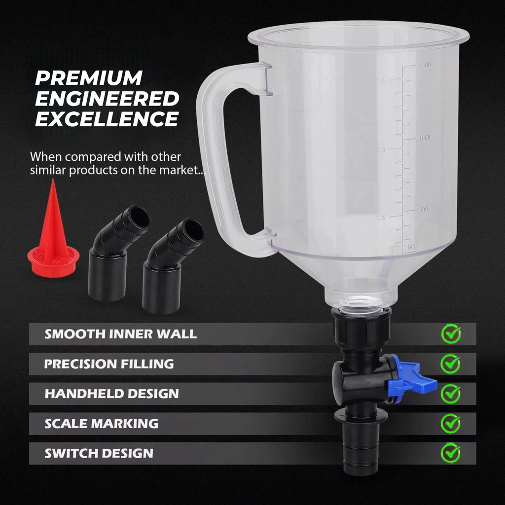 Premium engineered oil funnel features including smooth inner wall, precision filling and scale marking
