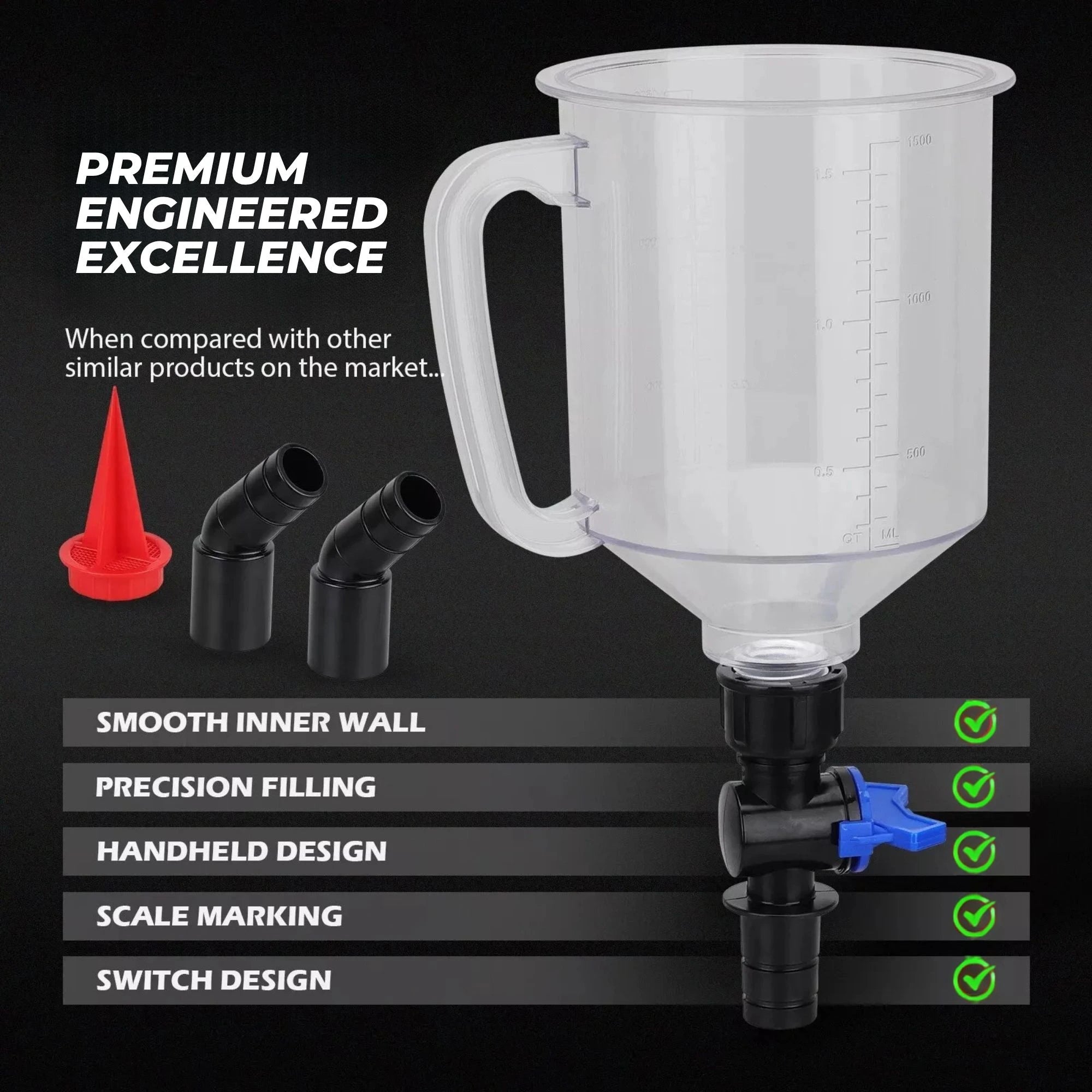 Premium engineered oil funnel features including smooth inner wall, precision filling and scale marking