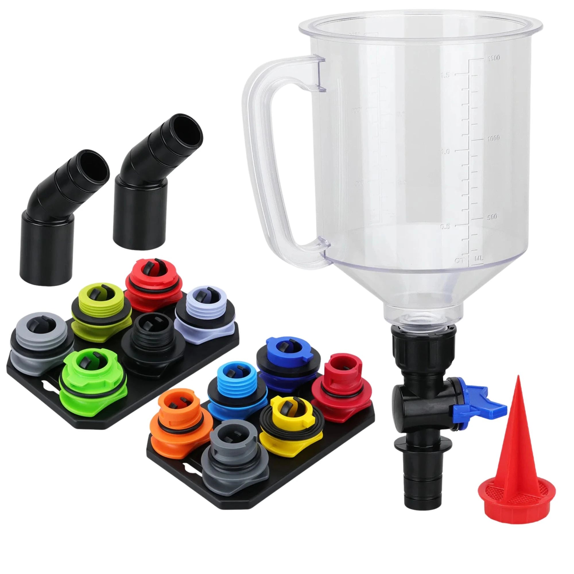 18-piece engine oil funnel kit with clear measuring funnel, coloured adapters and magnetic storage trays on a white background