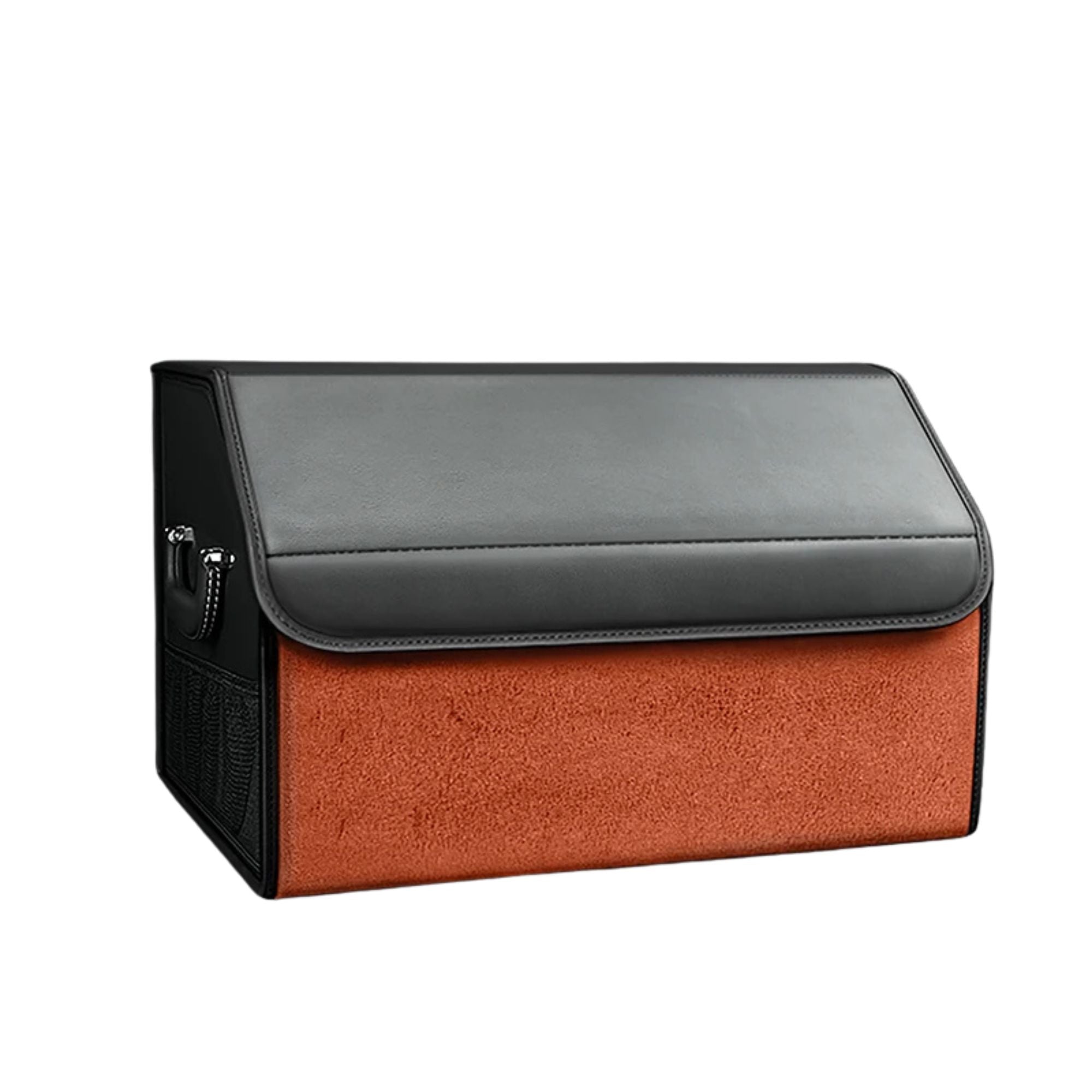 Orange Suede Leather Boot Organiser in medium size with black PU leather lid, shown on a white background