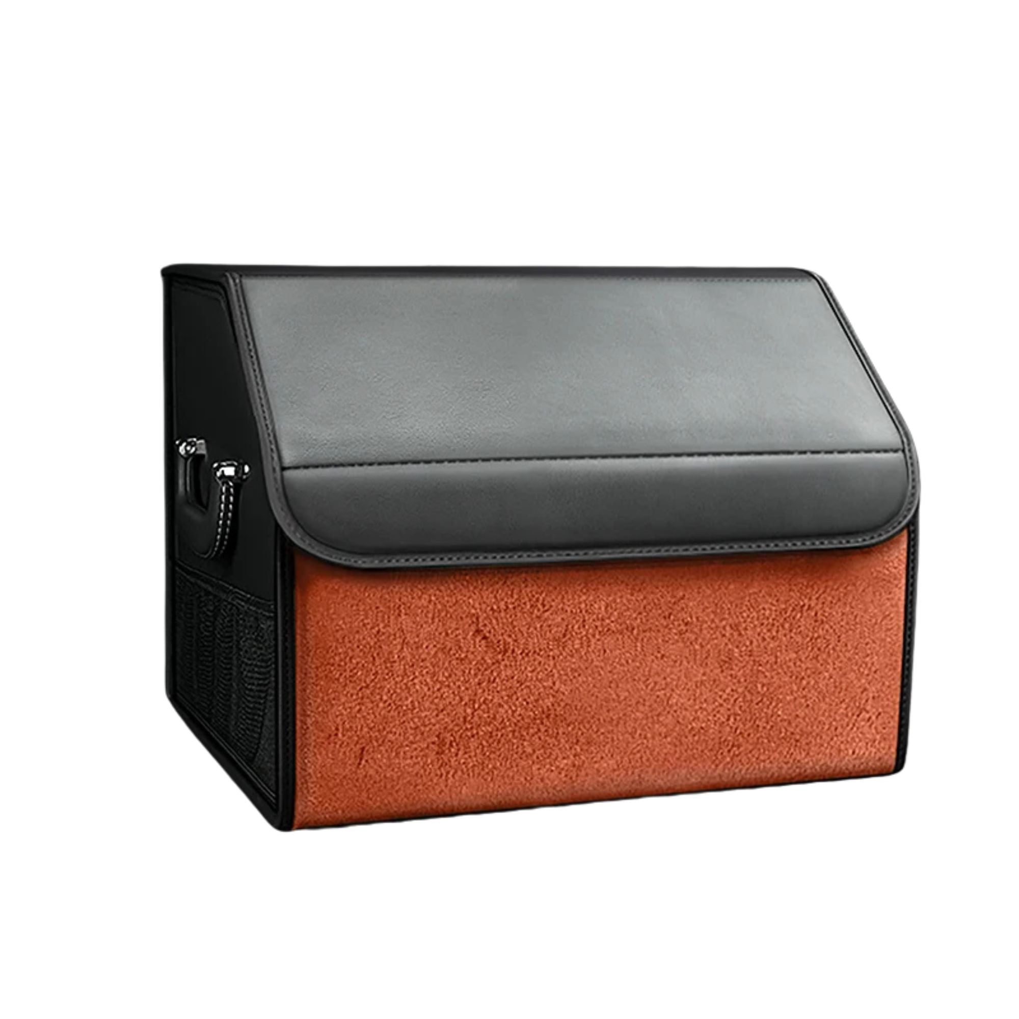 Orange Suede Leather Boot Organiser in small size with black PU leather lid, shown on a white background