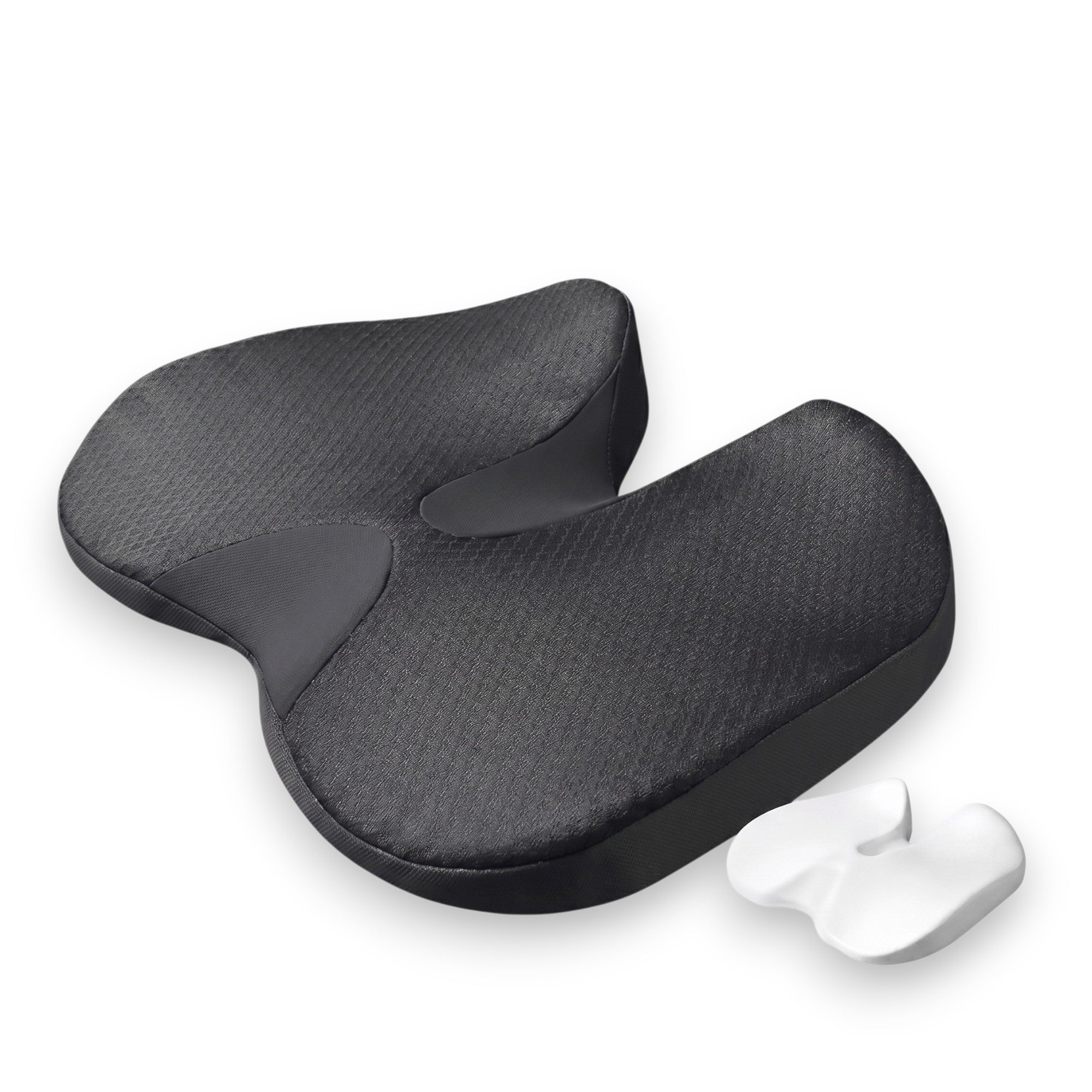 Black orthopaedic memory foam car seat driving cushion next to its white memory foam core insert on a solid white background.