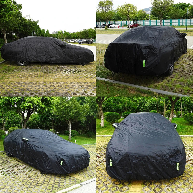 Multiple angles of the black full car cover actively installed on vehicles parked outdoors in residential street and park environments.