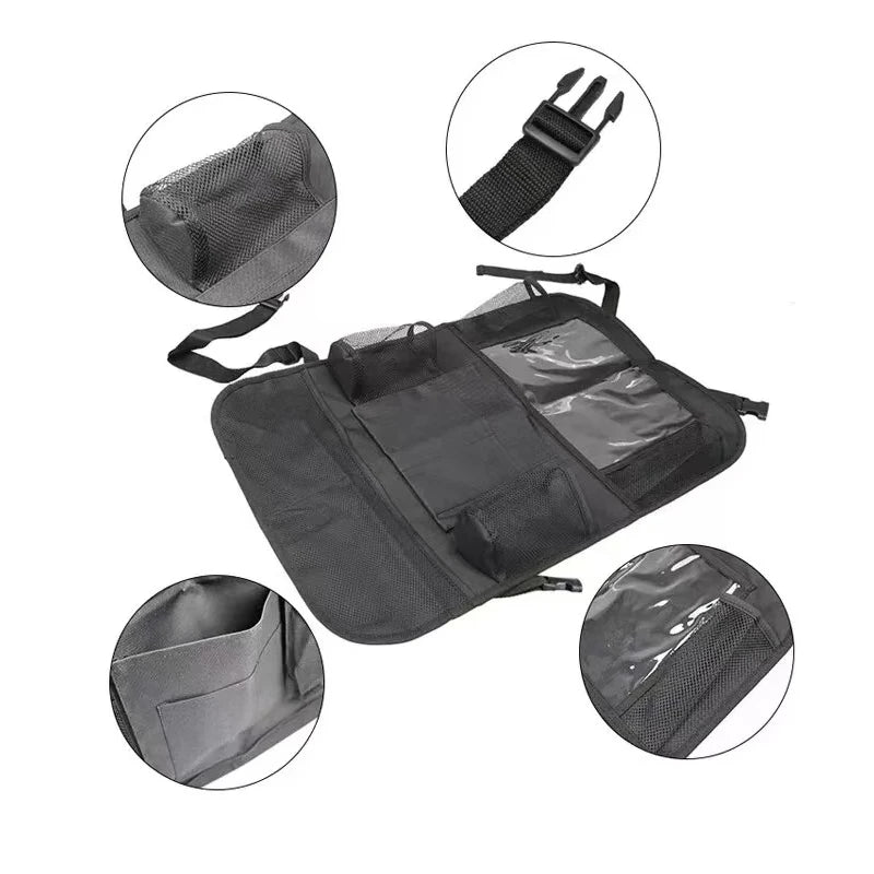 Detailed flat view of the black Oxford fabric car organiser featuring magnified details of the mesh pockets, adjustable buckle straps, and transparent PVC sleeve.