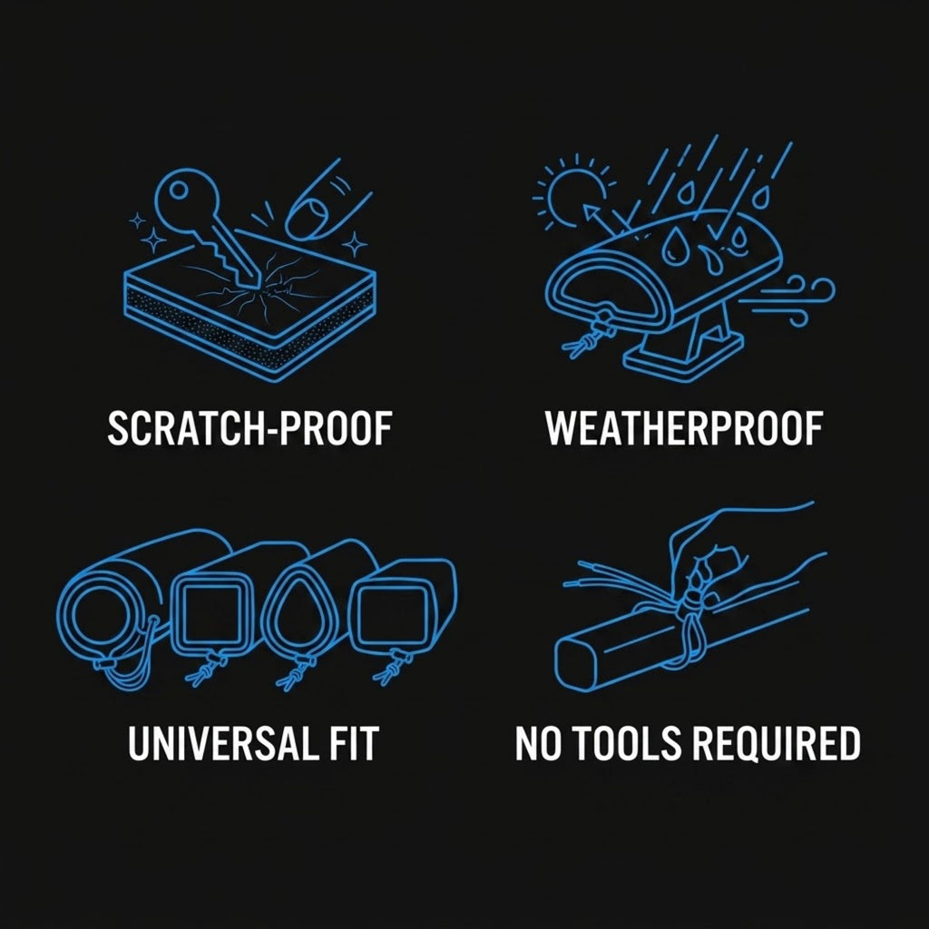 Icons showing the Oxford roof rack pads are scratch proof, weatherproof, universal fit and require no tools