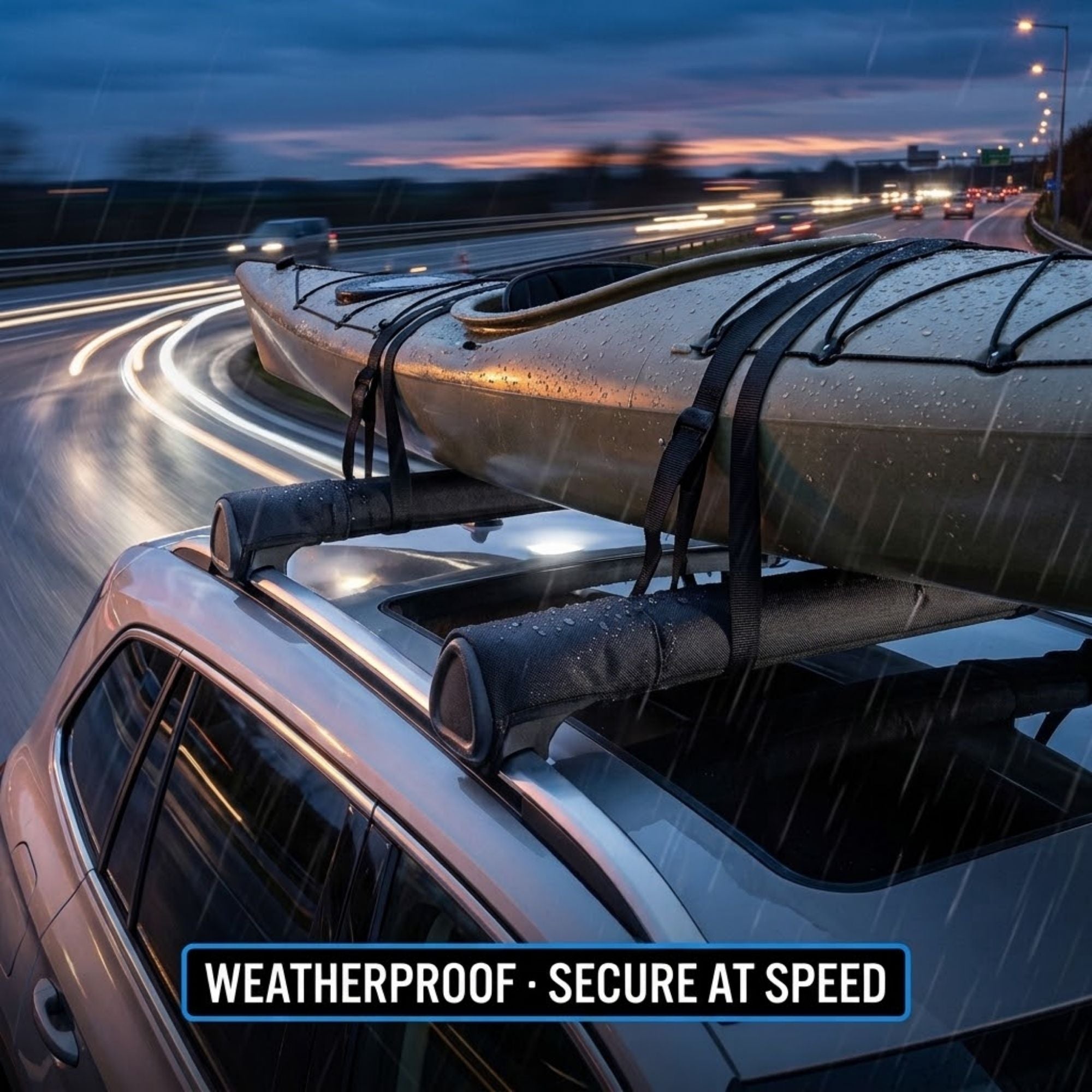 Oxford roof rack pads securing a kayak to a car roof rack in the rain at night
