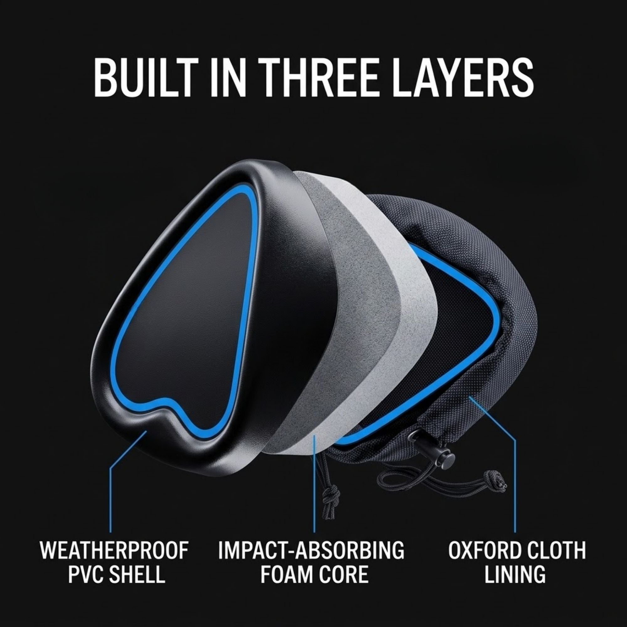 Cutaway diagram of an Oxford roof rack pad showing the weatherproof PVC shell, foam core and Oxford cloth lining