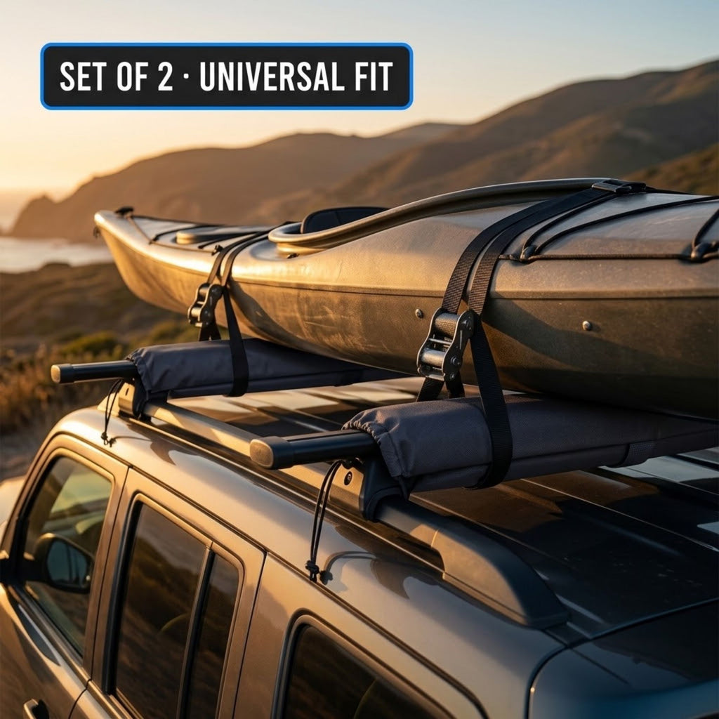 Set of two Oxford roof rack pads securing a kayak to a car roof rack at sunset
