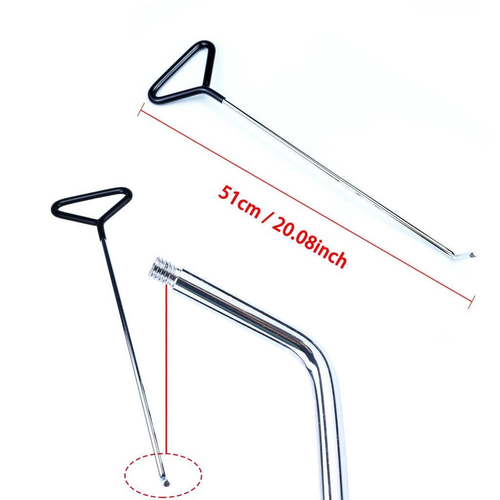 Dimension specifications showing the 51cm total length of the T-handle dent repair rod and a close-up detail of the threaded tip end.