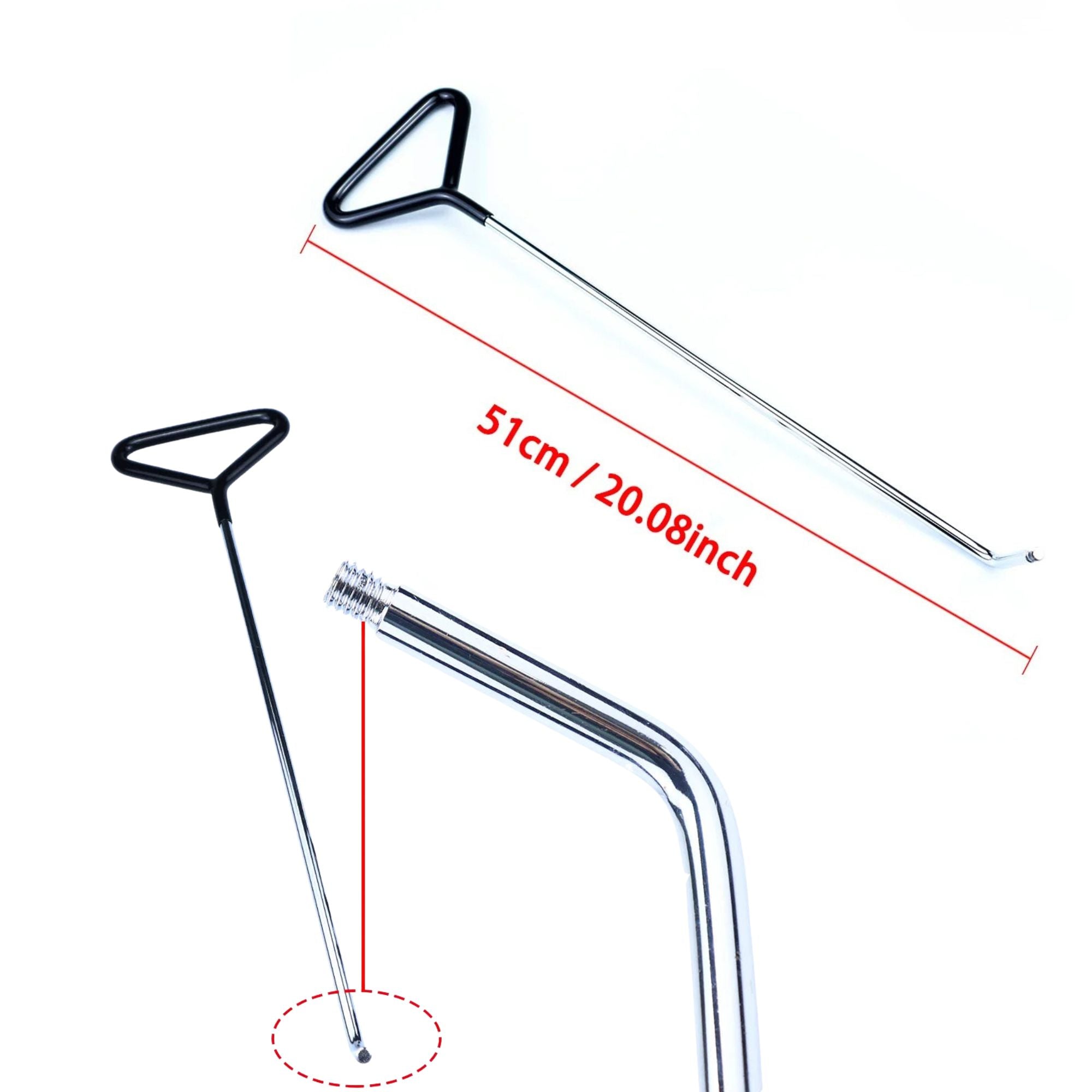 Dimension specifications showing the 51cm total length of the T-handle dent repair rod and a close-up detail of the threaded tip end.