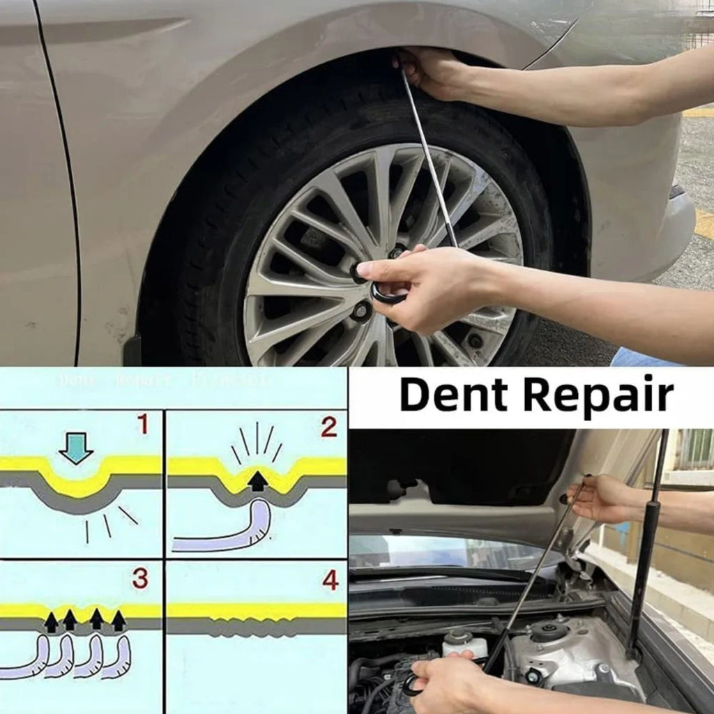 Diagram demonstrating how the paintless dent repair rod applies leverage from behind the vehicle panel to push out surface impressions without damaging paintwork.