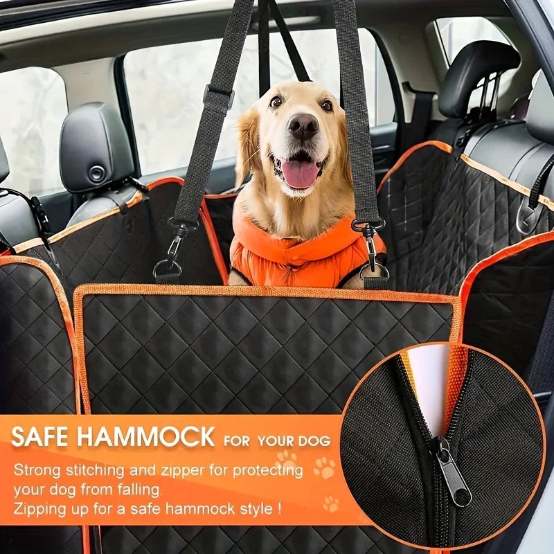 Dog sitting inside the pet car seat hammock, highlighting the zippered side flaps that secure the backseat area and prevent falling.
