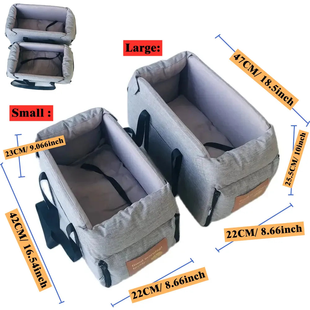 Size and dimension specifications comparing the compact and spacious models of the centre console pet booster seat.