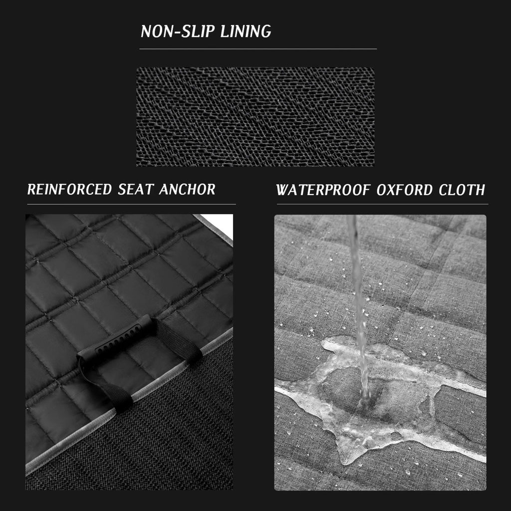 Close-up details of the pet carrier materials, highlighting the textured non-slip lining, reinforced seat anchor, and waterproof Oxford cloth demonstrating liquid resistance.
